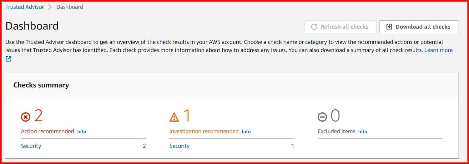 Picture showing the dashboard of AWS trusted advisor